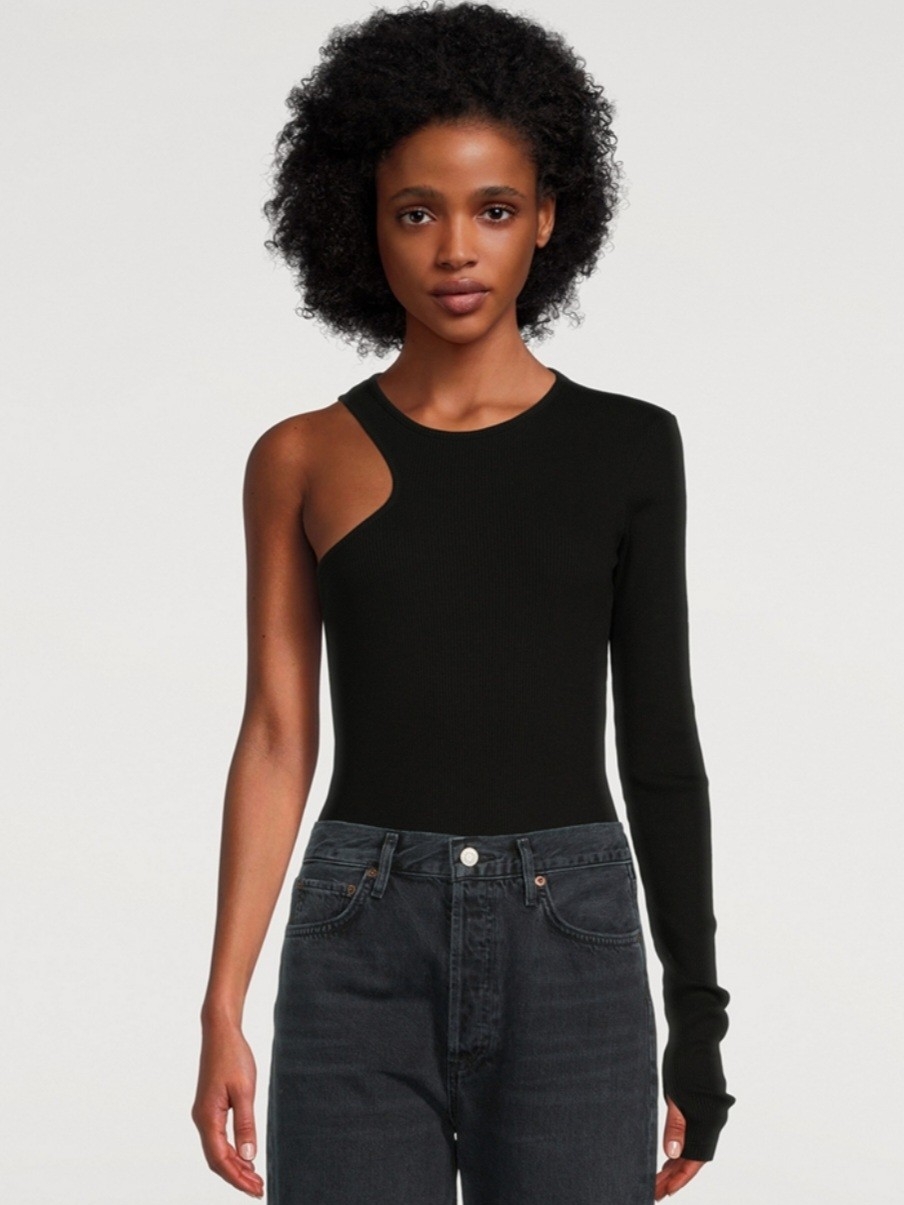 Nwt Agolde Bea Cutaway One Sleeve Ribbed Bodysuit Black Medium